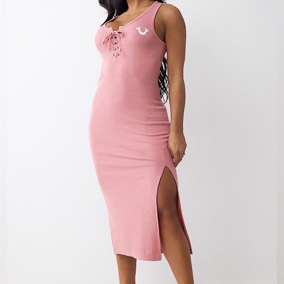 Pink Lace-Up Midi Dress by True Religion horseshoe logo lace up midi dress - Picture 1 of 3